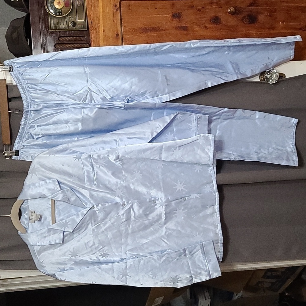 Tesoro Womens Pajamas Baby Blue Satiny Stars‎ Pocket Drawstring Waist Sz L EUC